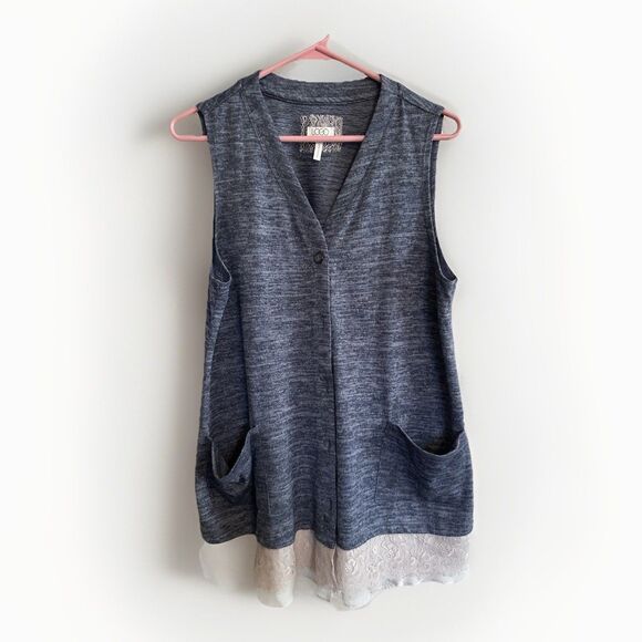 LOGO by Lori Goldstein Top Lace Chiffon Open Front Cardigan Vest Y2K Retro M - Picture 1 of 6